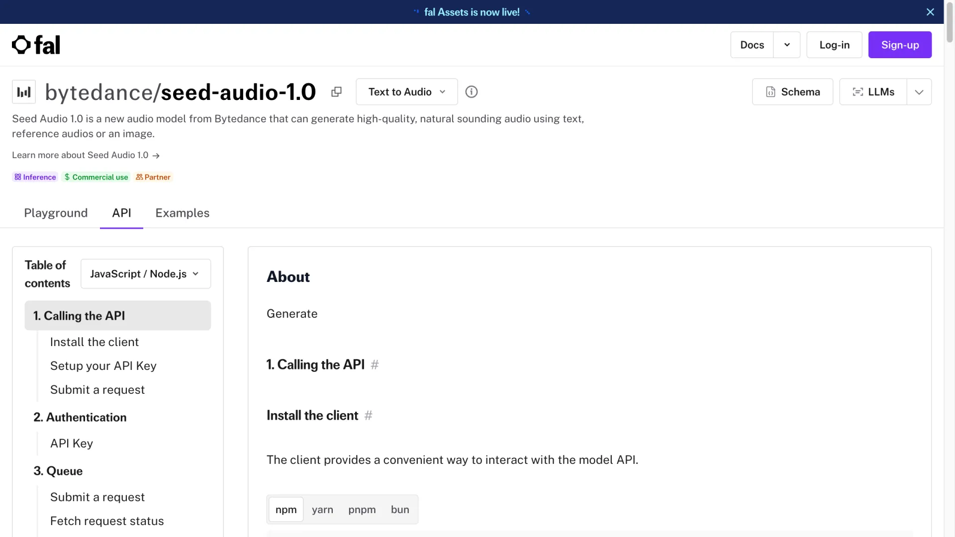 fal 上 Seed Audio 1.0 的 API 分頁，顯示 JavaScript 用戶端呼叫流程