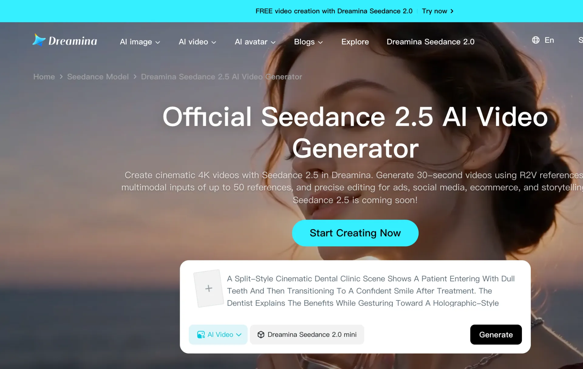 Dreamina Seedance 2.5 page marketing 4K 30-second generation while stating Seedance 2.5 is coming soon, with the model picker set to Dreamina Seedance 2.0 mini