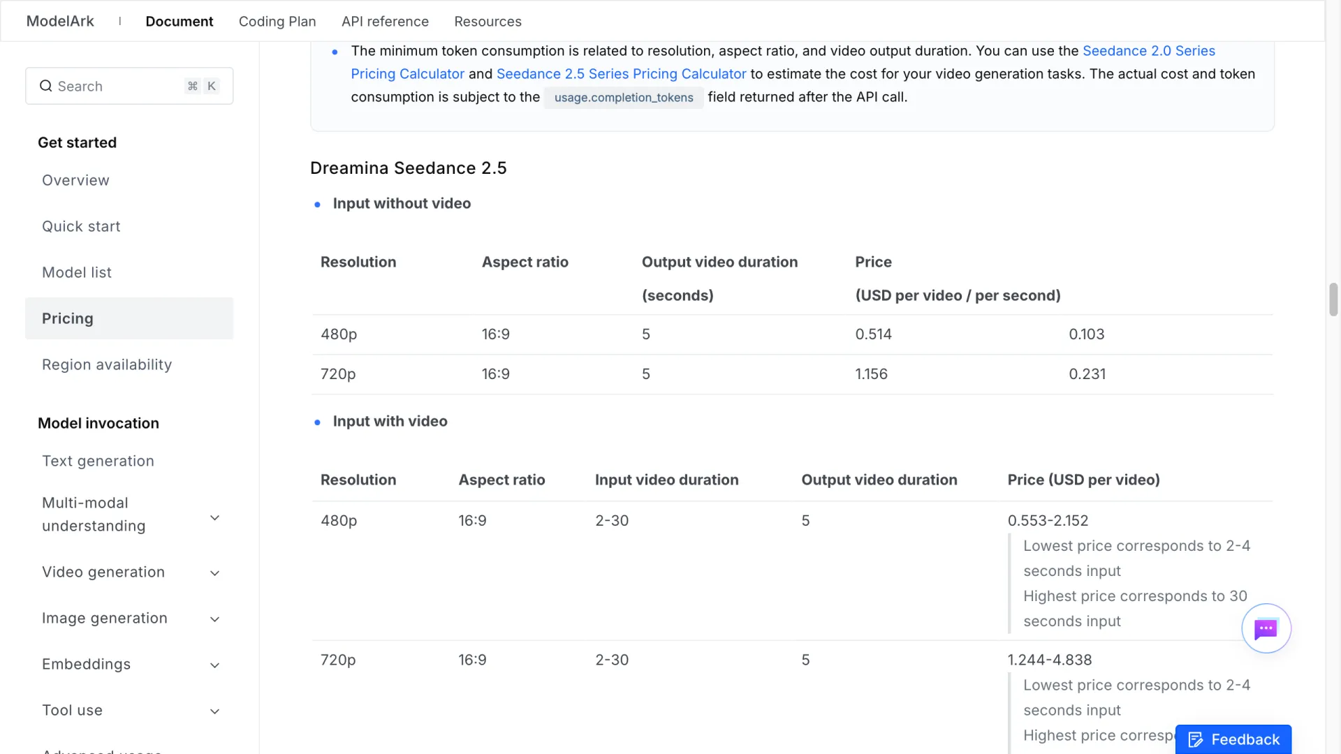 BytePlus ModelArk pricing table for Dreamina Seedance 2.5 showing 480p and 720p rows for input with and without video