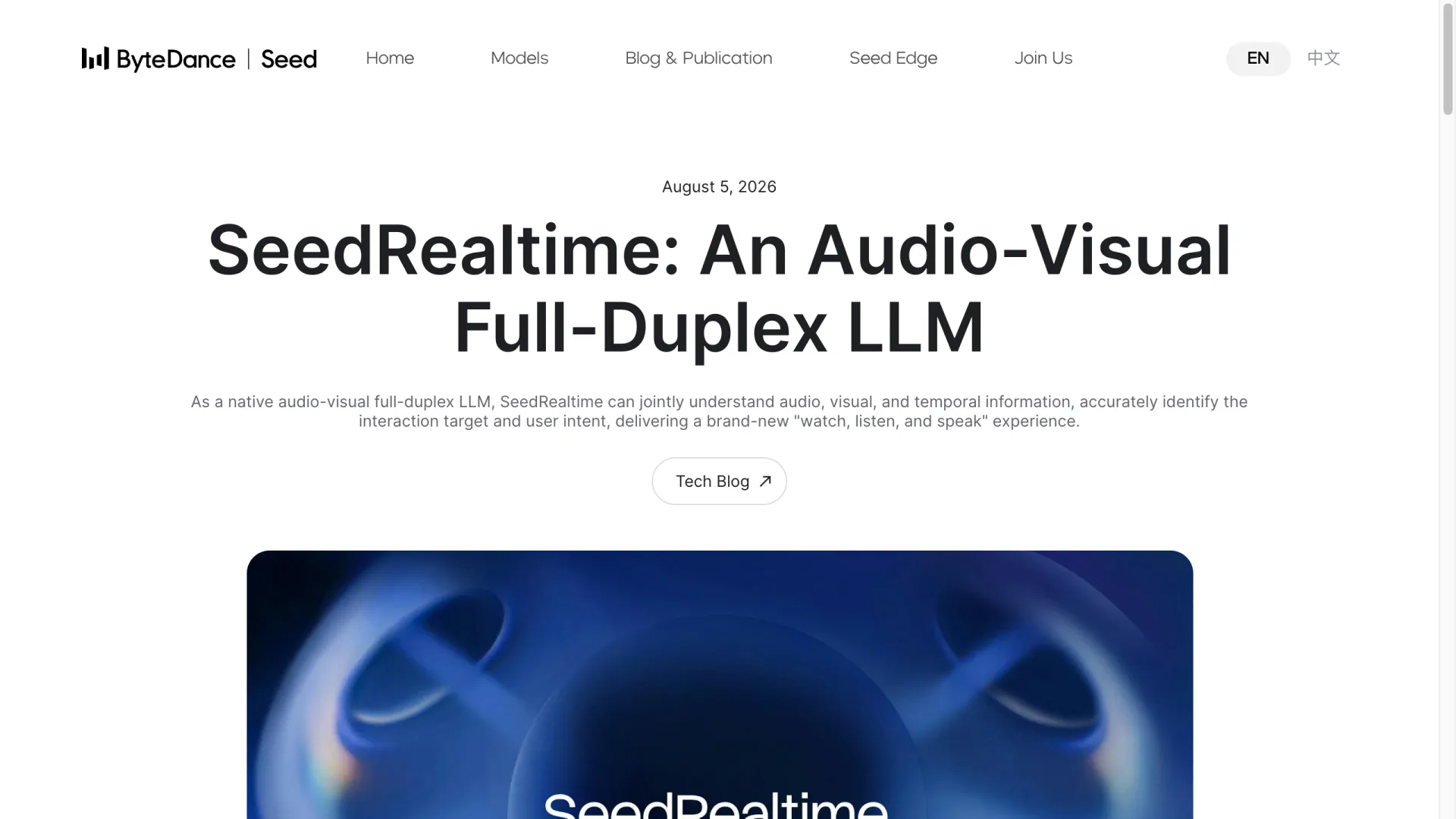 SeedRealtime launch announcement on ByteDance's Seed site, headlined "An Audio-Visual Full-Duplex LLM" and dated August 5, 2026.