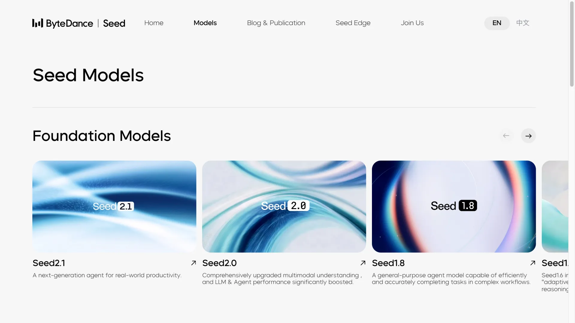 The SeedRealtime model card on ByteDance's Seed models page, shown alongside Seed2.1, Seedance 2.5, Seedream 5.0 Pro, Seed Audio 1.0, and Seed GR-RL.
