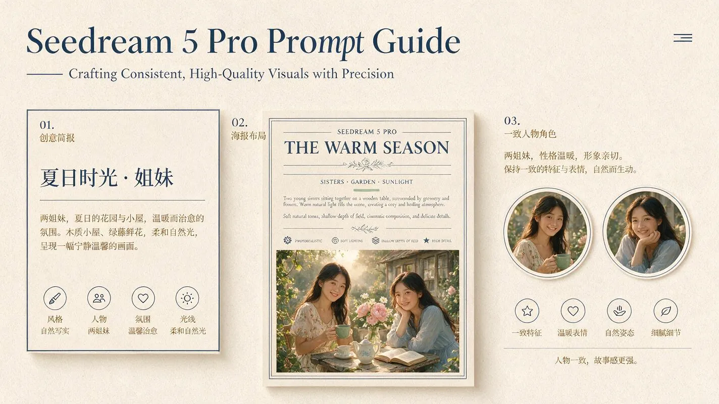 Seedream 5 Pro prompt guide cover showing Chinese briefs, poster layout, and consistent subjects