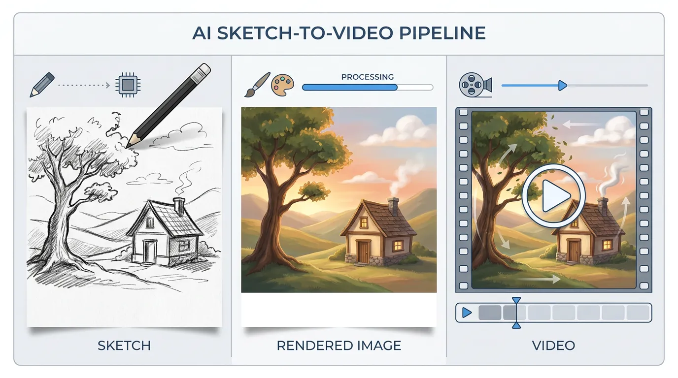 Sketch to video AI 流程：原始草圖、完成渲染圖與動畫影片
