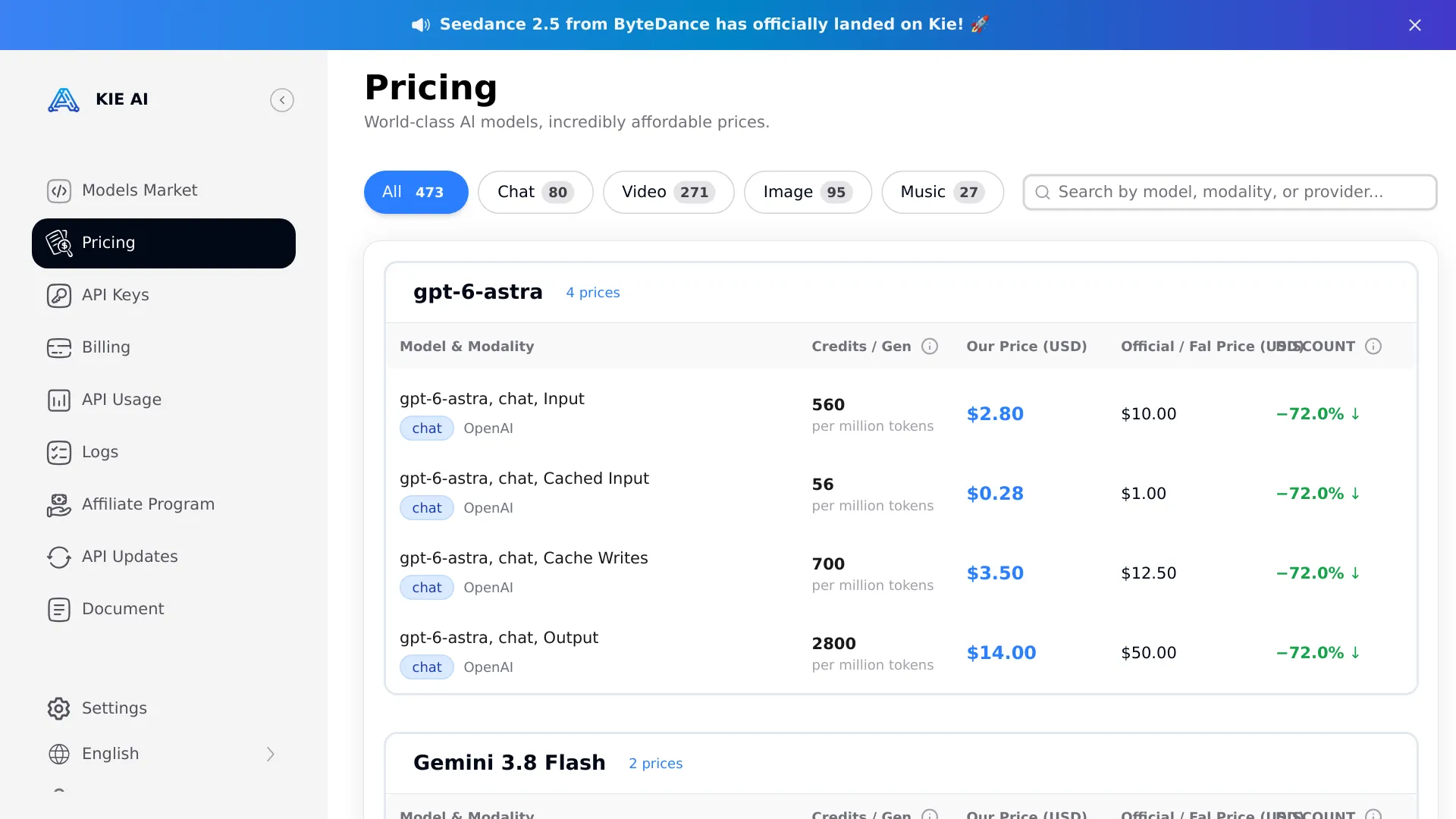 KIE pricing page for third-party API rates