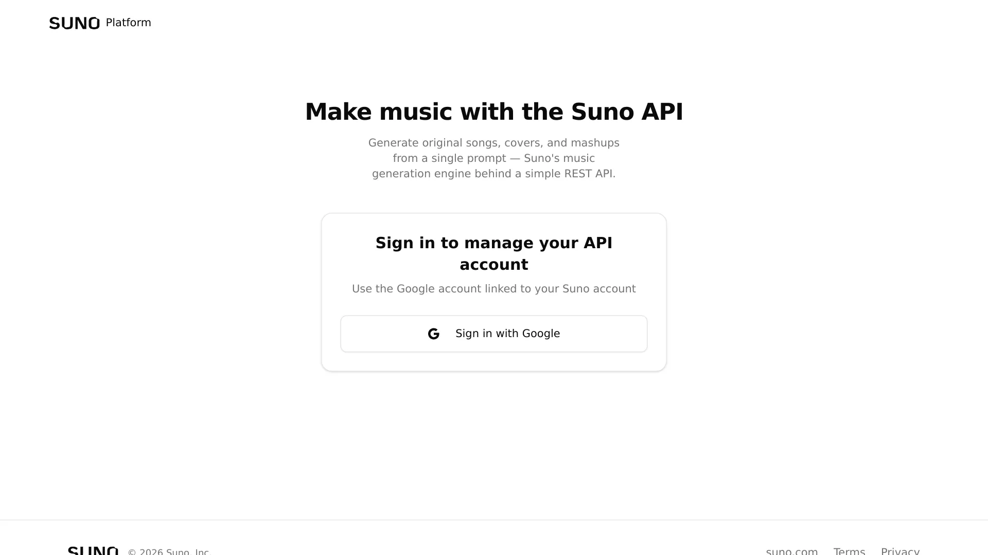 Suno Platform login page for API account access