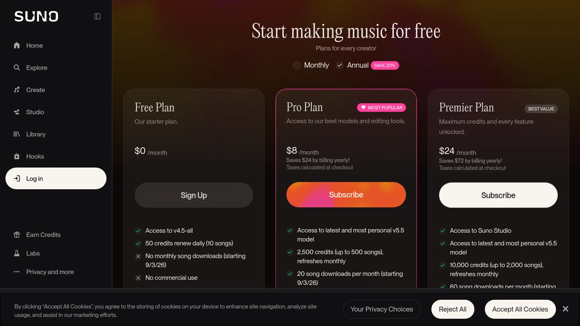Aktuelle Preisseite von Suno mit den Tarifen Free, Pro für $8/Monat und Premier für $24/Monat