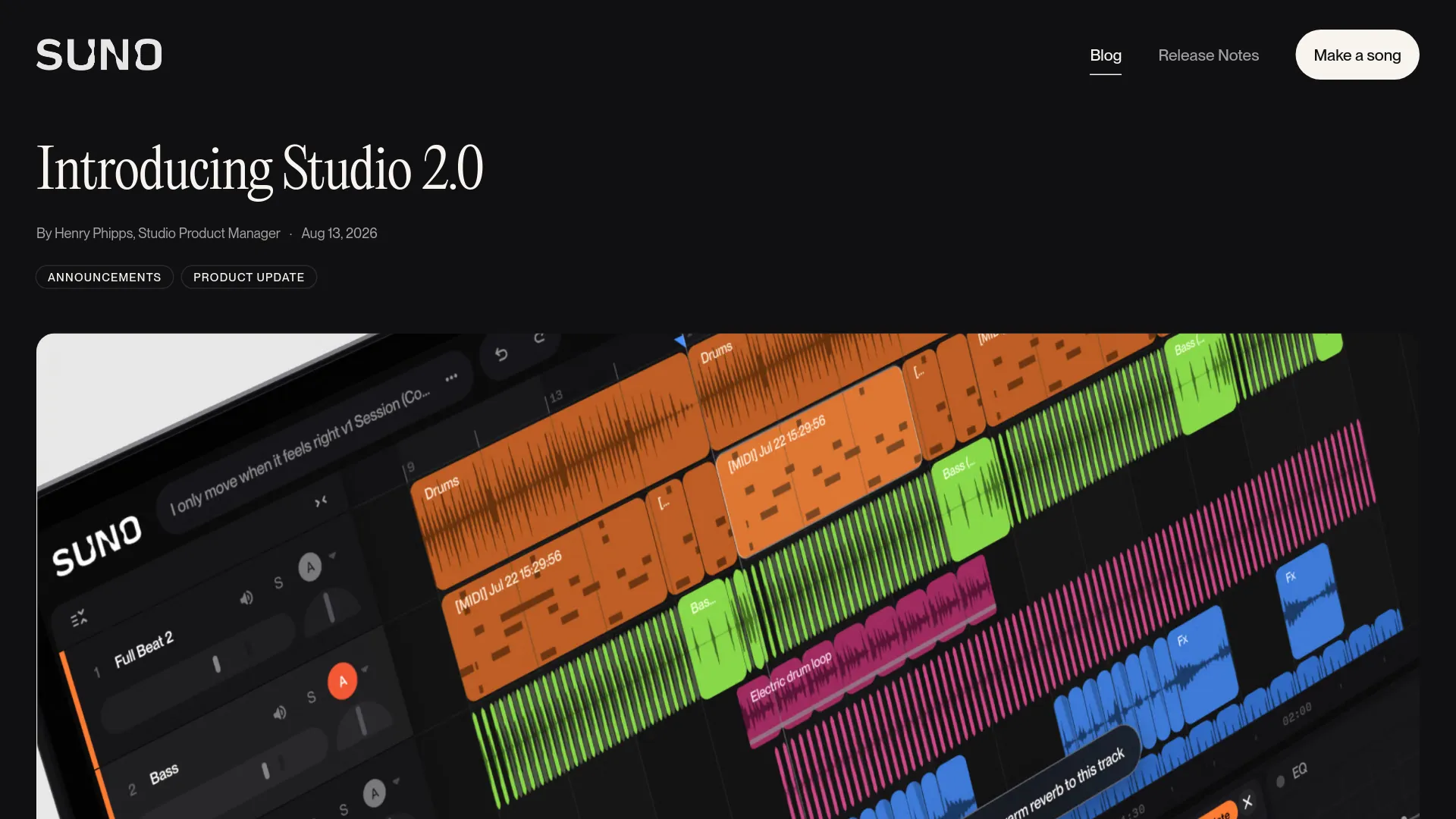 Offizielle Ankündigungsseite zu Suno Studio 2.0 mit MIDI, Chat-Leiste, Stem-Separation, Effekten und Automation