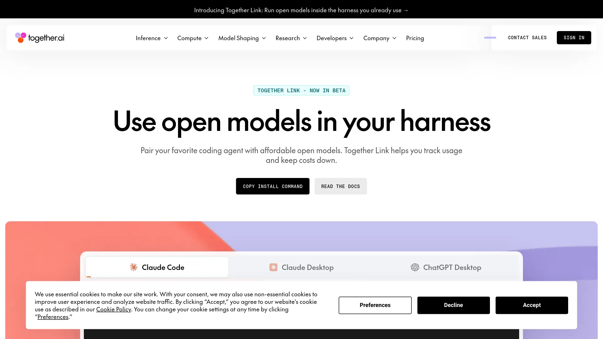 Together Link landing page showing supported agents and cost-tracking positioning