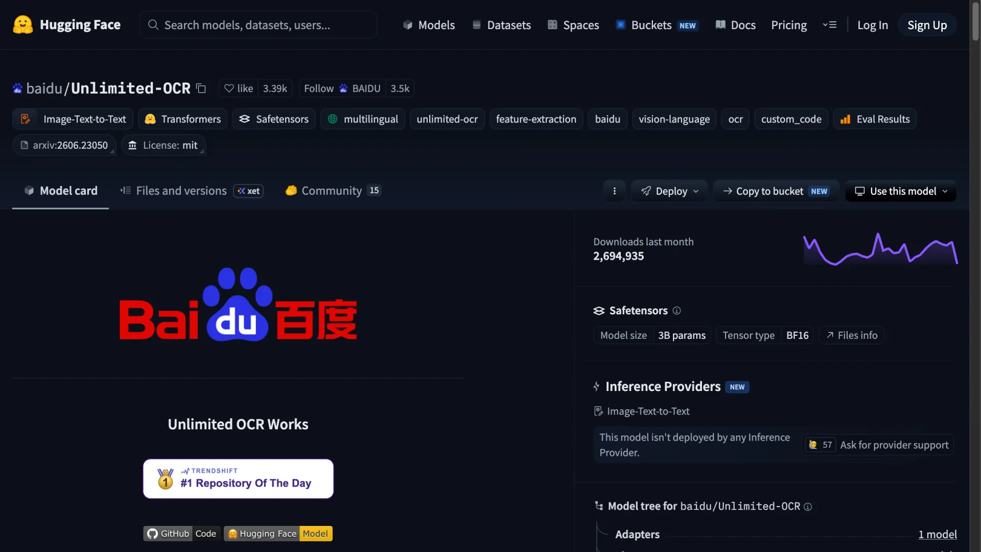 Hugging Face 上 baidu/Unlimited-OCR 的模型卡，顯示 MIT 授權、3B 參數與每月 269 萬下載量