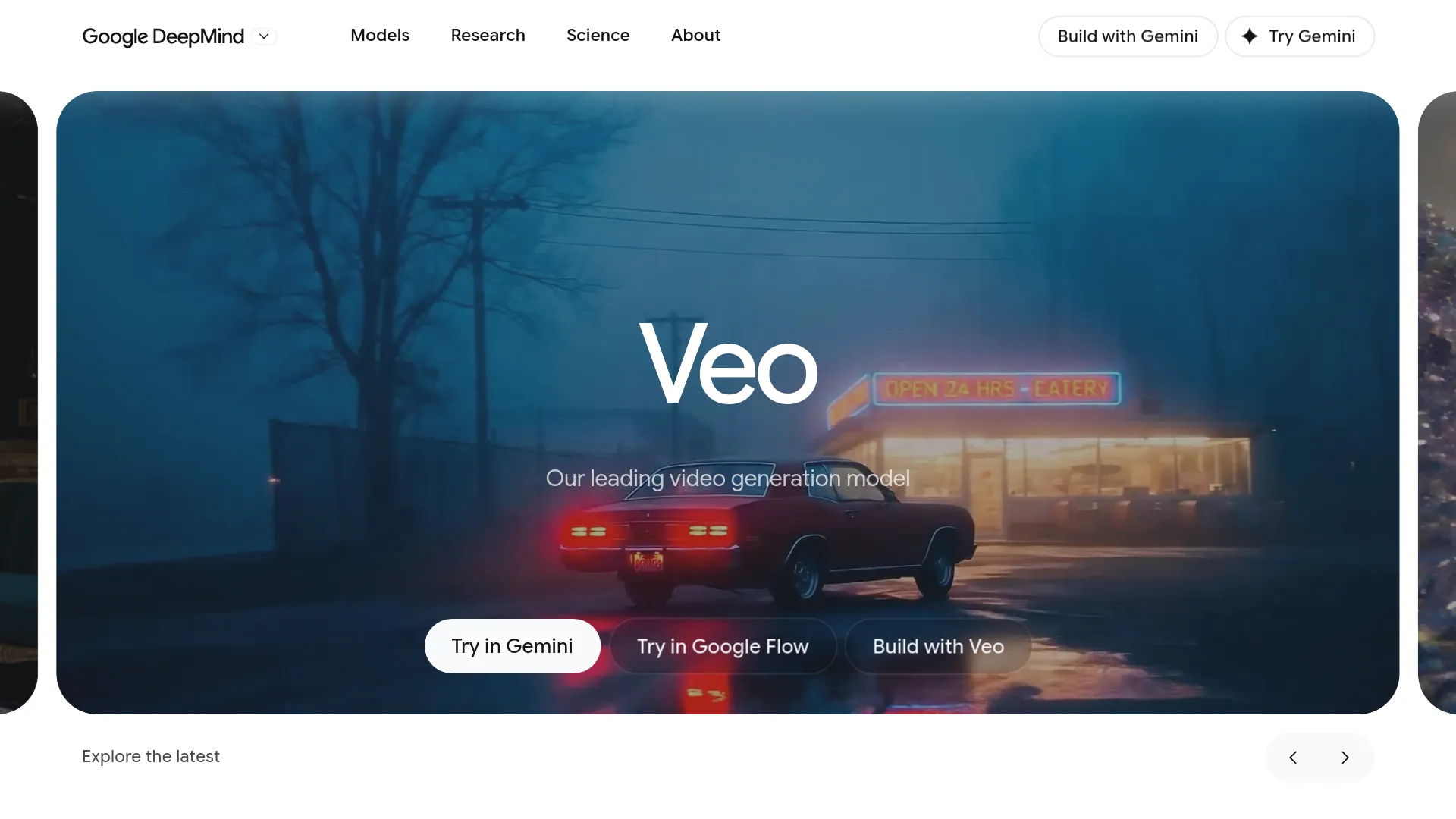 Google DeepMind 官方 Veo 頁面顯示 Veo 3.1 為最新模型