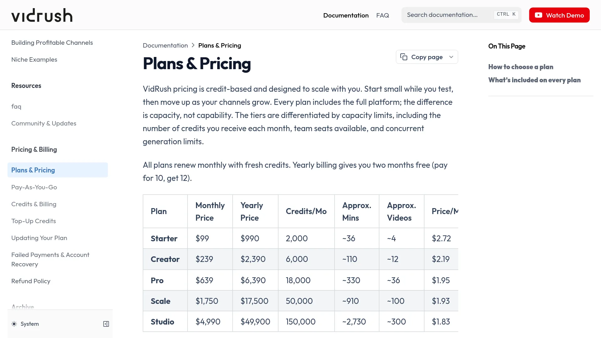 VidRush official plans and pricing page in its documentation