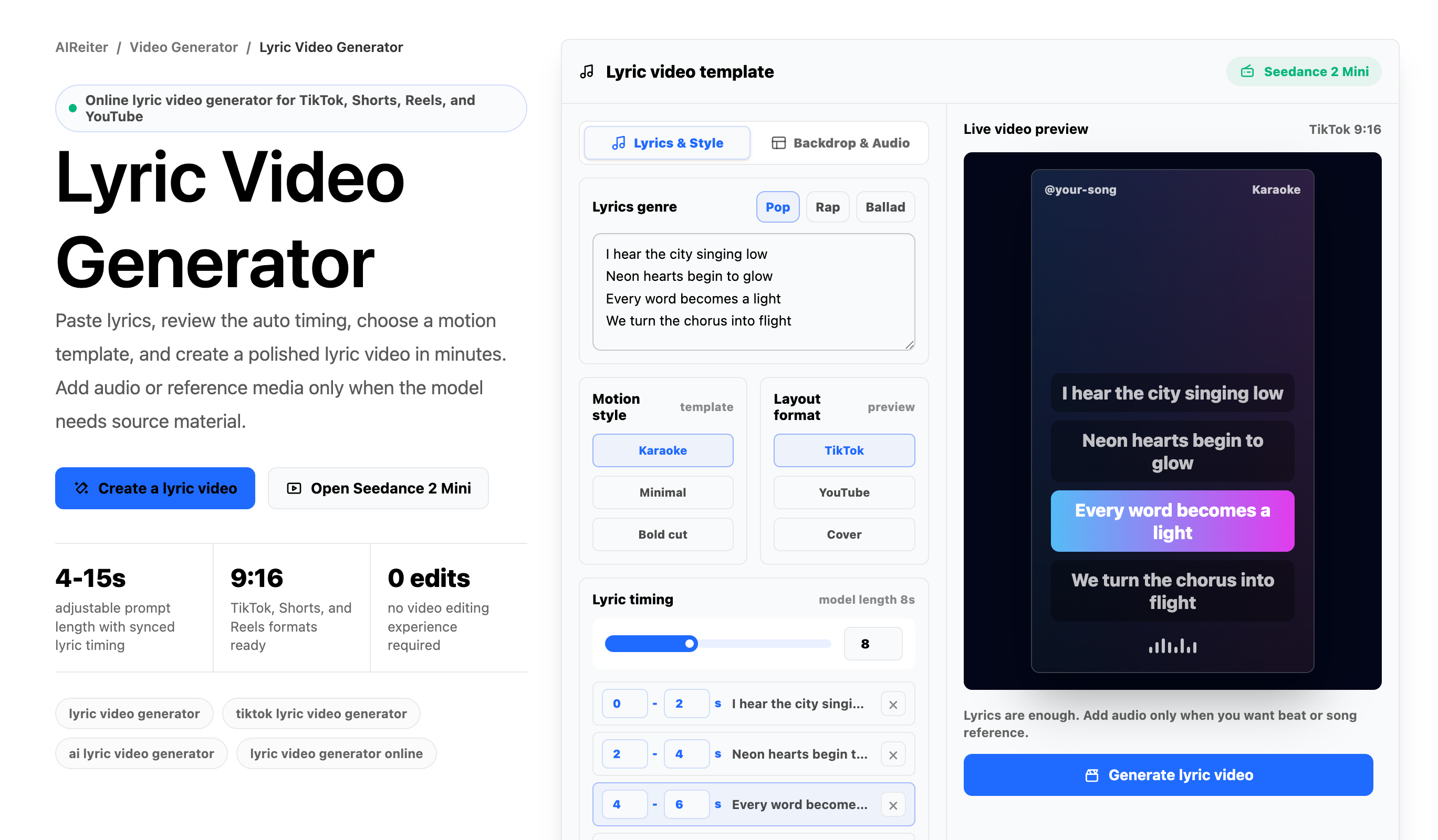 Lyric video generator interface showing lyric input, TikTok 9:16 layout, timing rows, and live preview