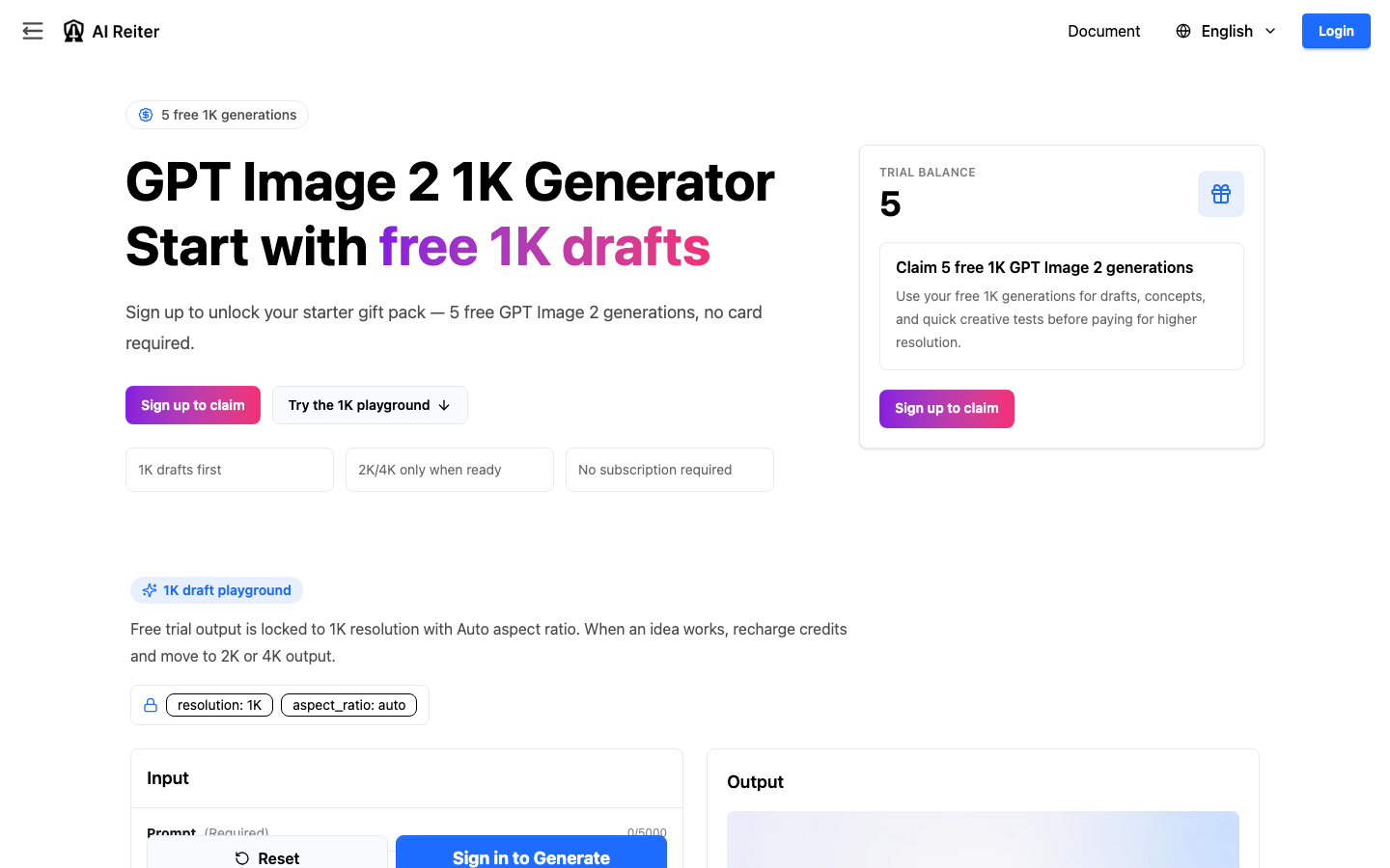 AIReiter public GPT Image 2 trial page showing "5 free 1K generations", "Sign up to claim", and "no card required"