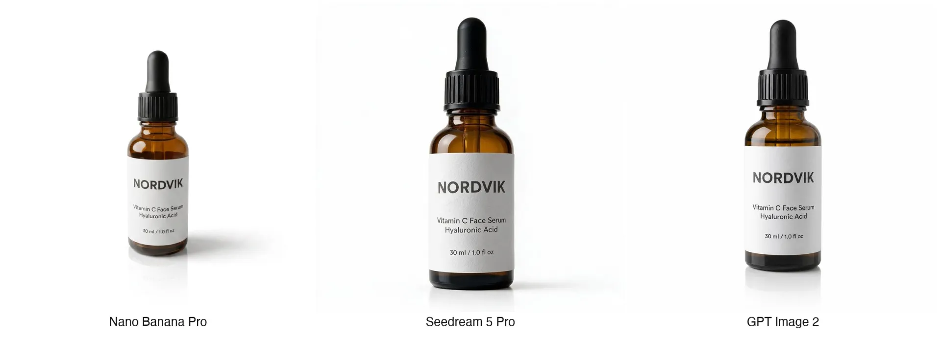 White-background hero shot comparison: Nano Banana Pro, Seedream 5.0 Pro, and GPT Image 2 side by side