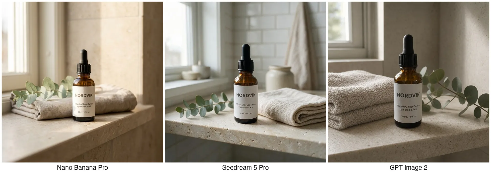 Lifestyle scene comparison: the same serum bottle staged on a bathroom shelf by three AI models