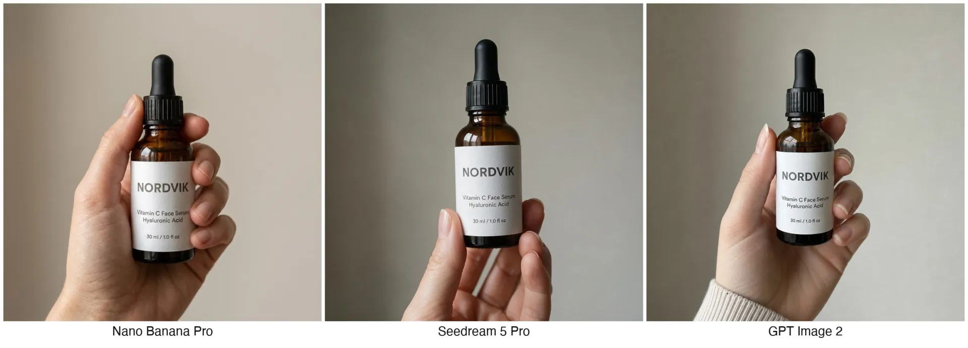 In-hand scale shot comparison: a hand holding the serum bottle, generated by three AI models
