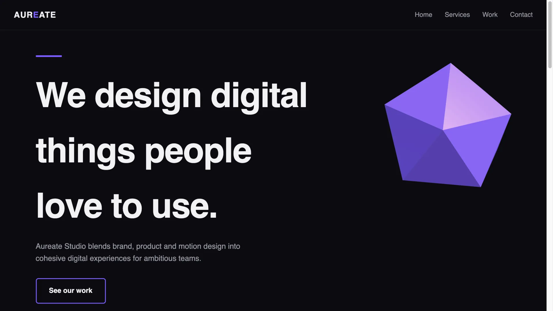 Rendered result: design studio landing page with navigation, bold headline, and a rotating low-poly purple shape