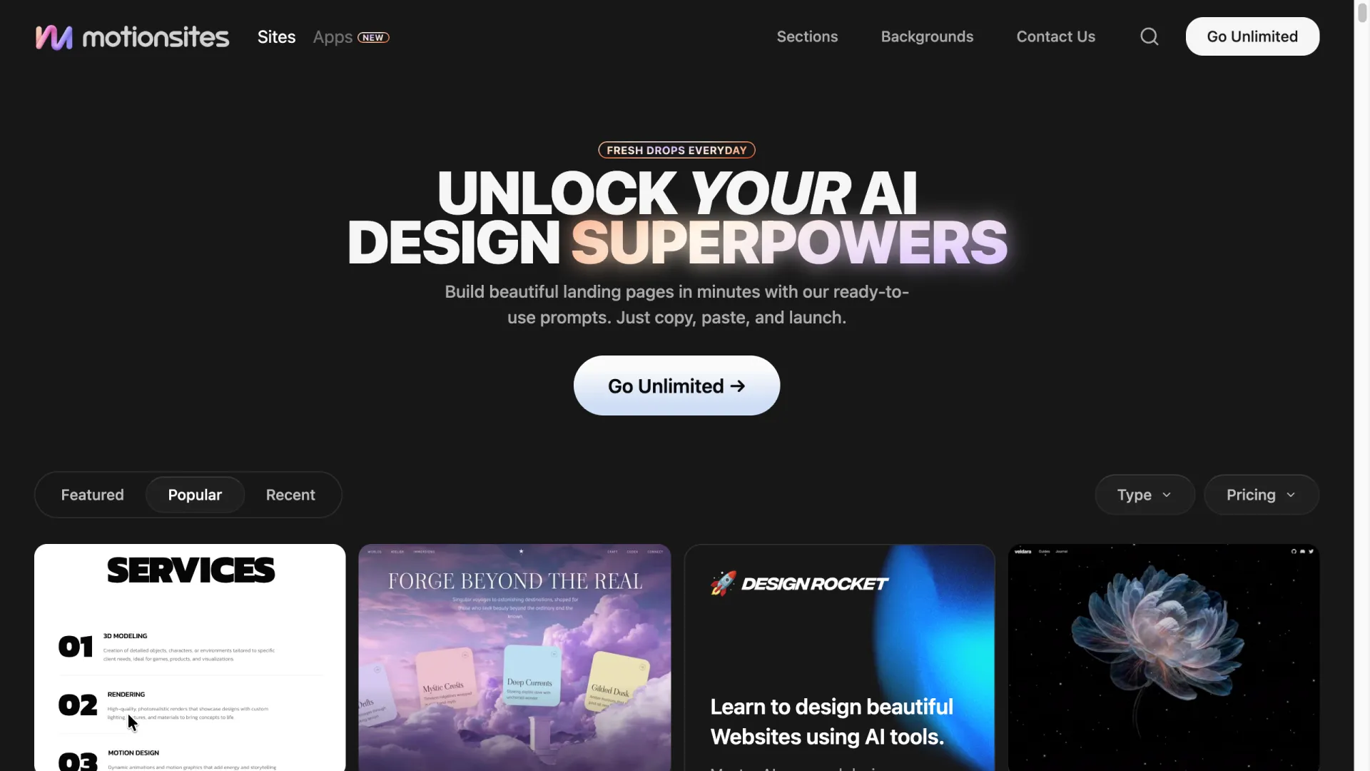 MotionSites prompt library with categorized 3D website and hero section prompts