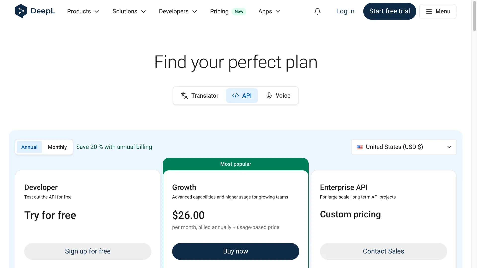 DeepL API pricing page showing Developer free tier, Growth at $26 per month, and Enterprise custom pricing