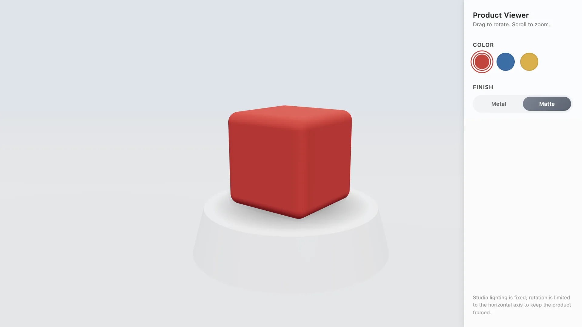 Rendered result: 3D product viewer with color swatches and a metal/matte toggle beside a red beveled cube on a pedestal