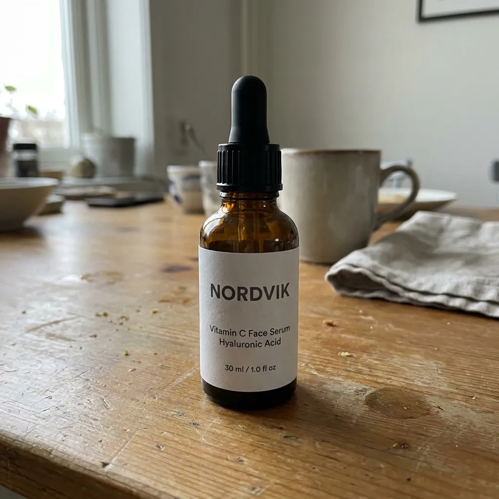 Reference photo: NORDVIK serum bottle on a cluttered kitchen table, shot like an amateur phone photo