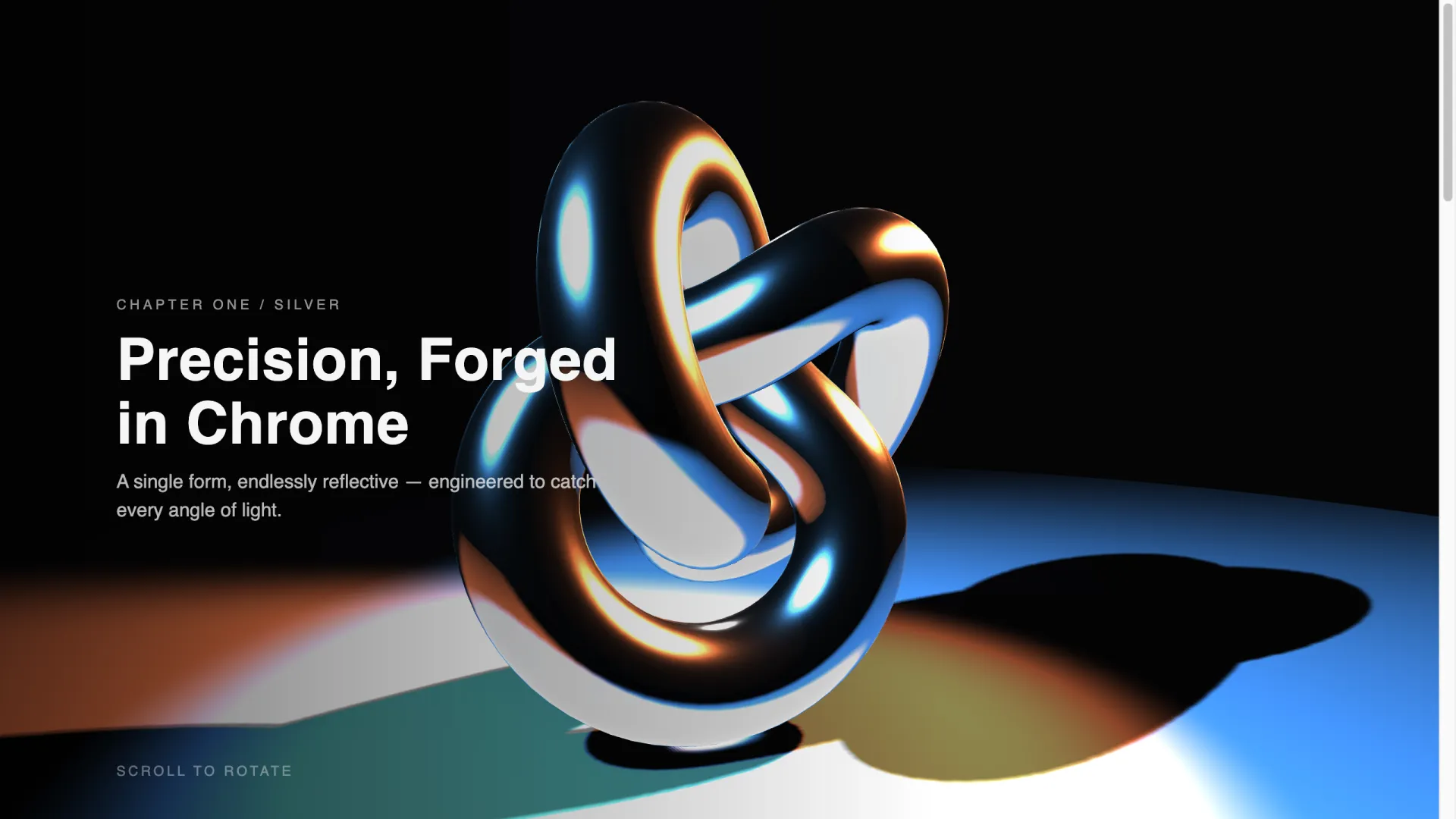 First section of the scroll-driven showcase: chrome torus-knot under two colored spotlights