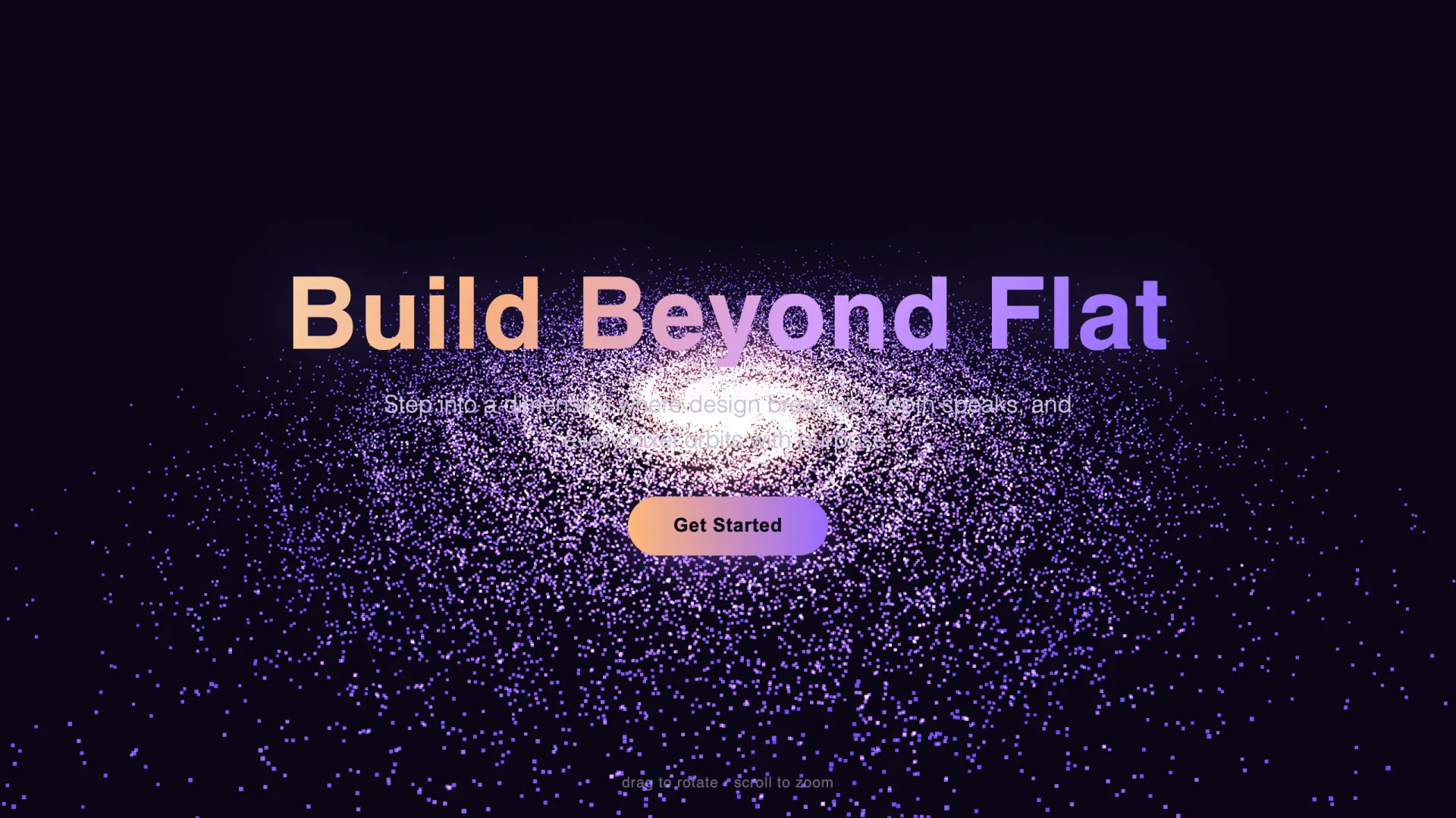 Rendered result: 3D particle galaxy hero with amber-to-violet spiral and draggable camera