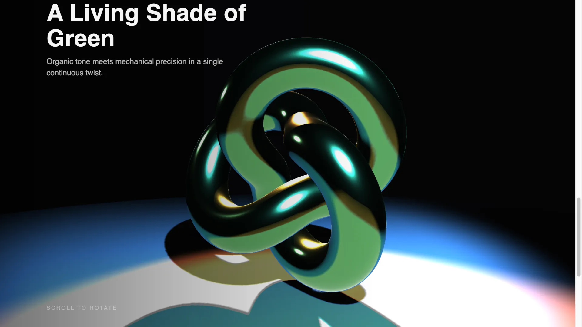 Same page at 60% scroll: the torus-knot has turned emerald and the camera has orbited past its side