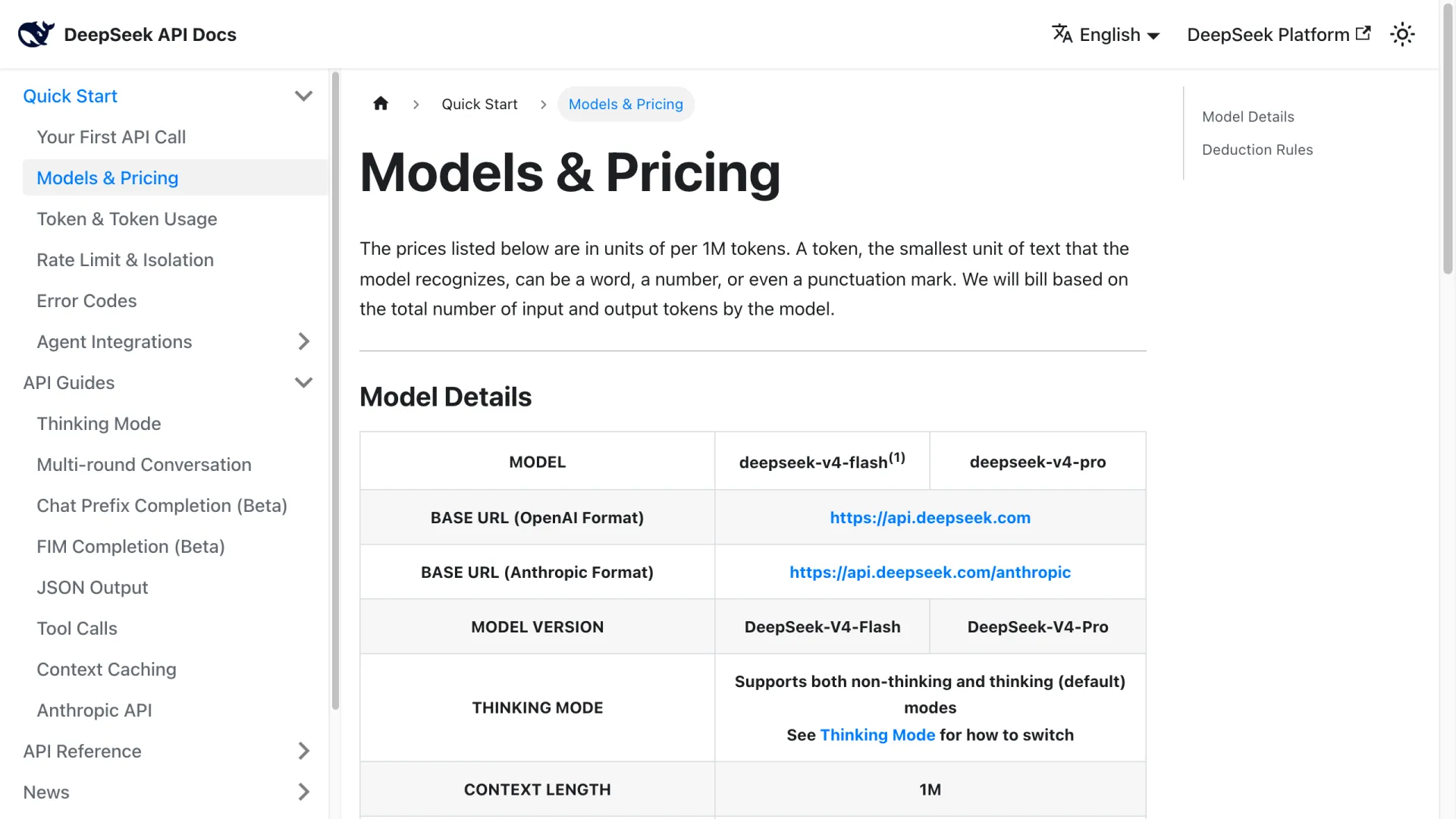 DeepSeek official pricing docs showing V4 Flash and V4 Pro with OpenAI and Anthropic format endpoints