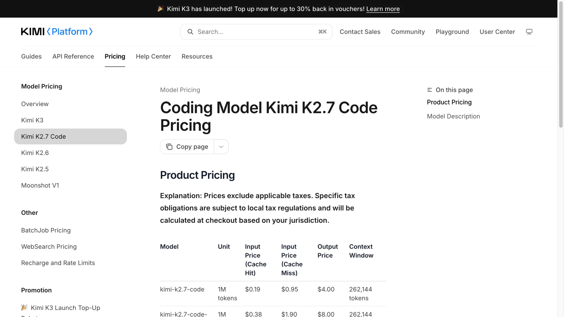 Kimi K2.7 Code official pricing page showing $0.95 input and $4.00 output per million tokens