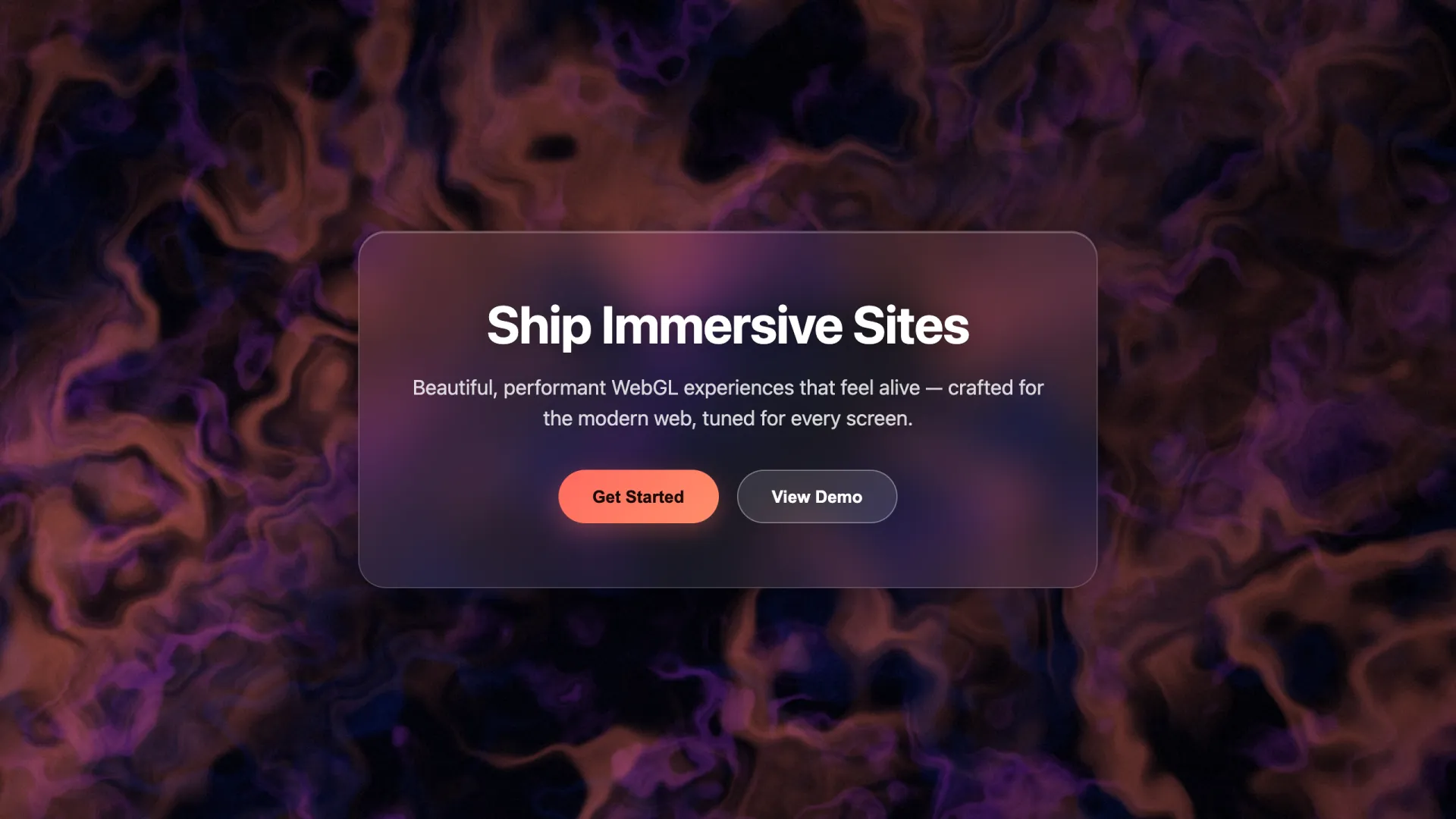 Rendered result: animated GLSL fluid gradient in blue, purple and coral behind a glass card