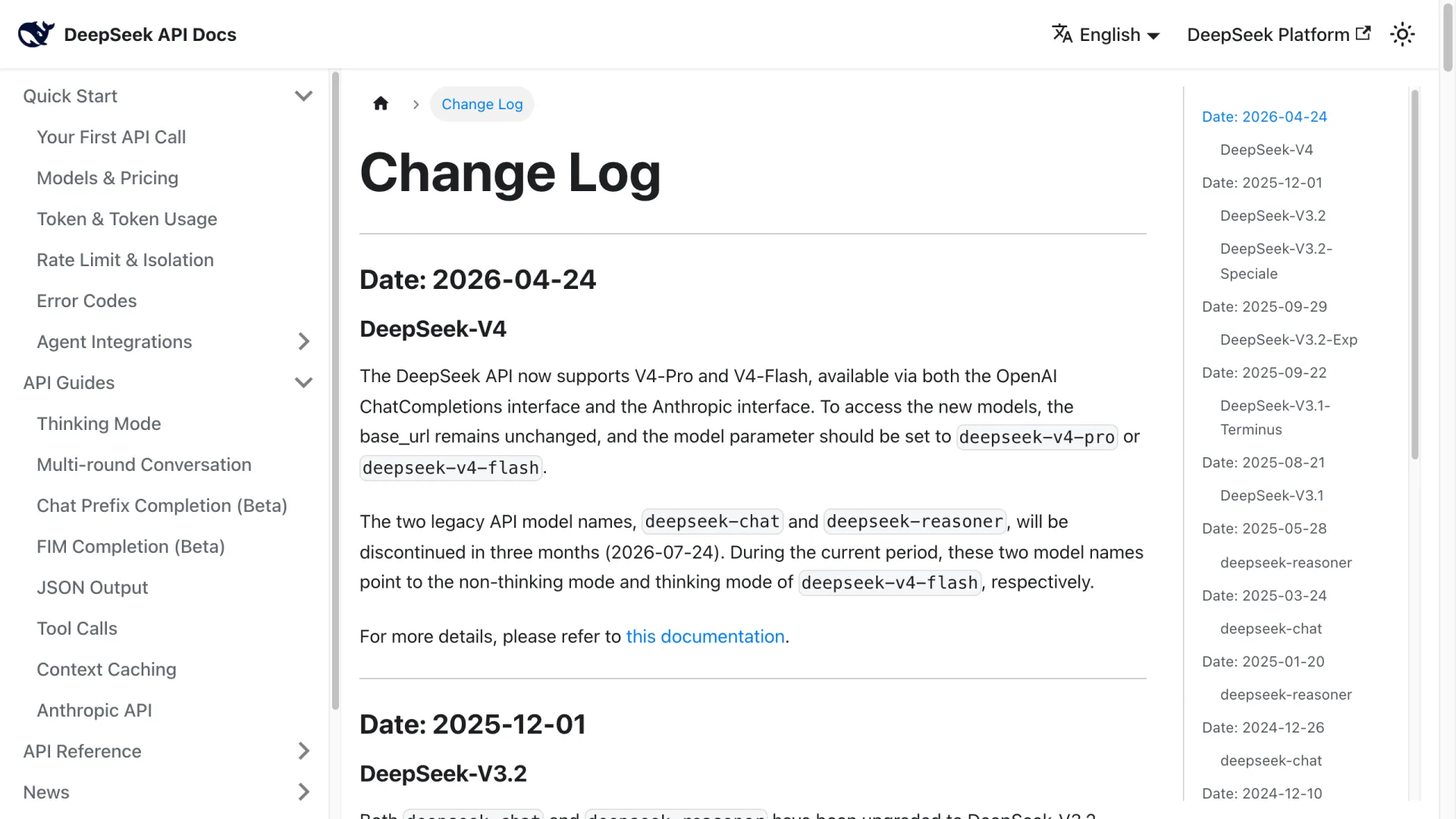DeepSeek API Change Log showing the April 24, 2026 V4 entry as the latest update, with the July 24 legacy-model deprecation notice