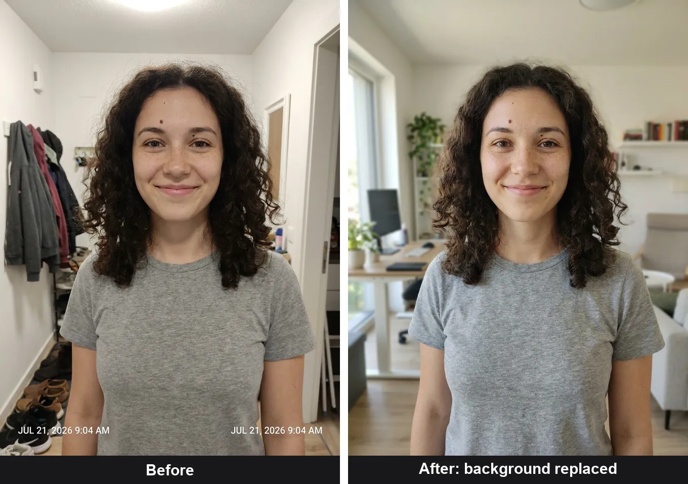 Before and after of a portrait: cluttered hallway snapshot on the left, same person in a bright home office on the right, background replaced by AI