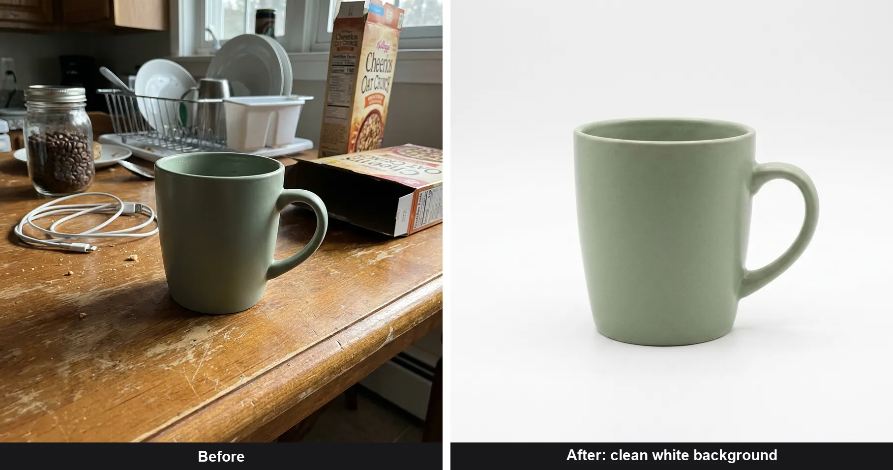 Before and after: a mug on a messy kitchen table on the left, the same mug on a clean white studio background on the right