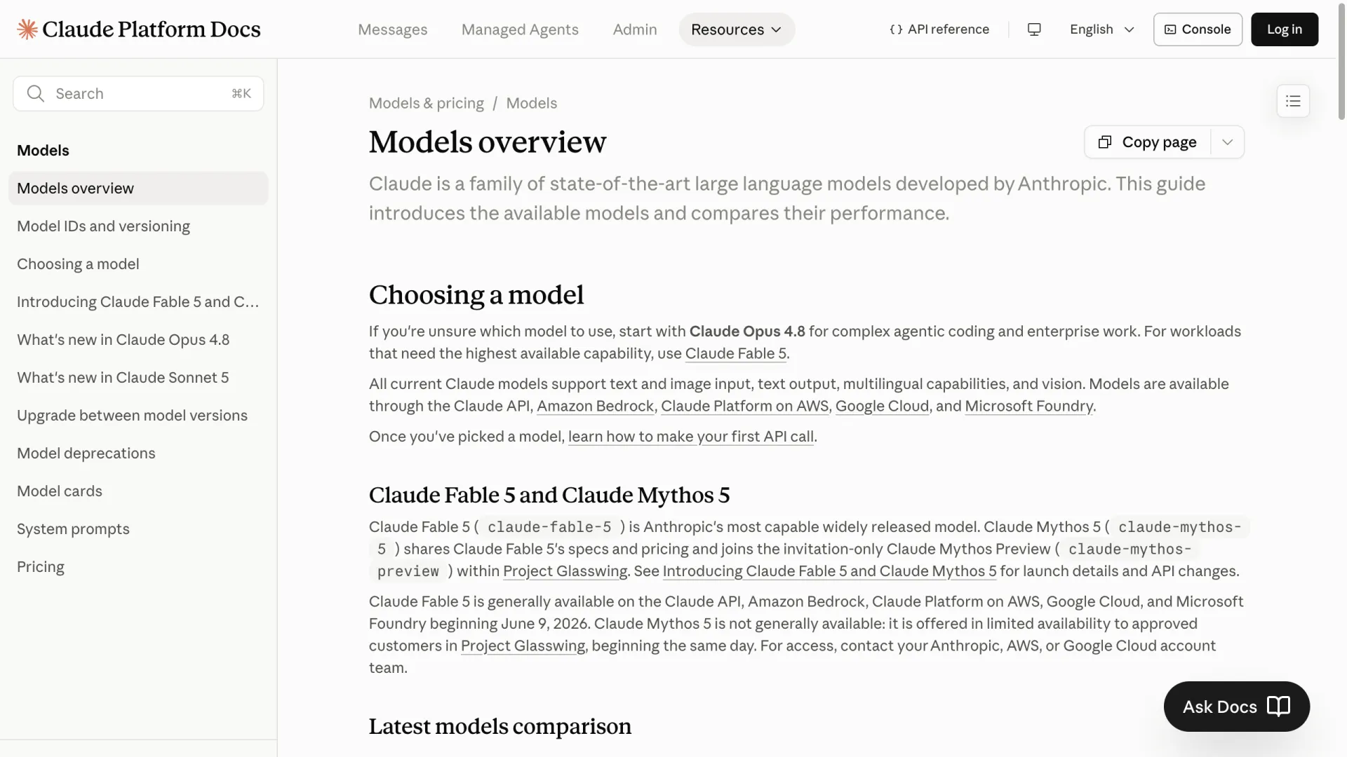 Screenshot of the official Claude Platform Docs models overview page, recommending Claude Opus 4.8 for complex agentic coding and Claude Fable 5 for the highest capability, with no Opus 5 listed