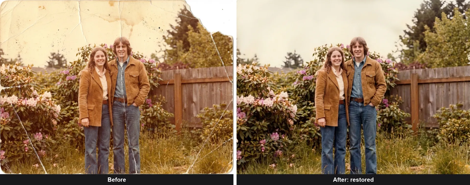 Before and after: a creased, faded, torn 1970s photo of a couple on the left, cleanly restored with natural color on the right