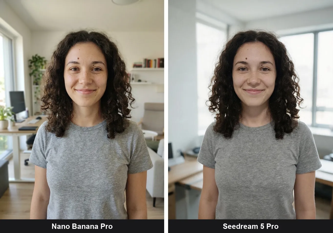 The same edit prompt run on two models side by side: Nano Banana Pro on the left keeps a candid look, Seedream 5 Pro on the right renders a smoother, glossier portrait