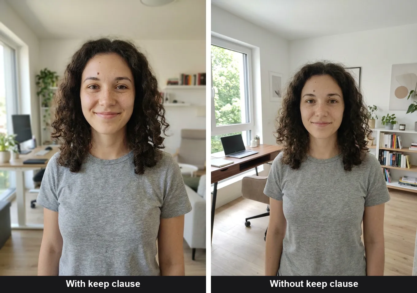 The same background-swap edit on the same model, run with the keep clause on the left and without it on the right; both keep the face, but the version without the clause re-crops tighter and smooths the skin