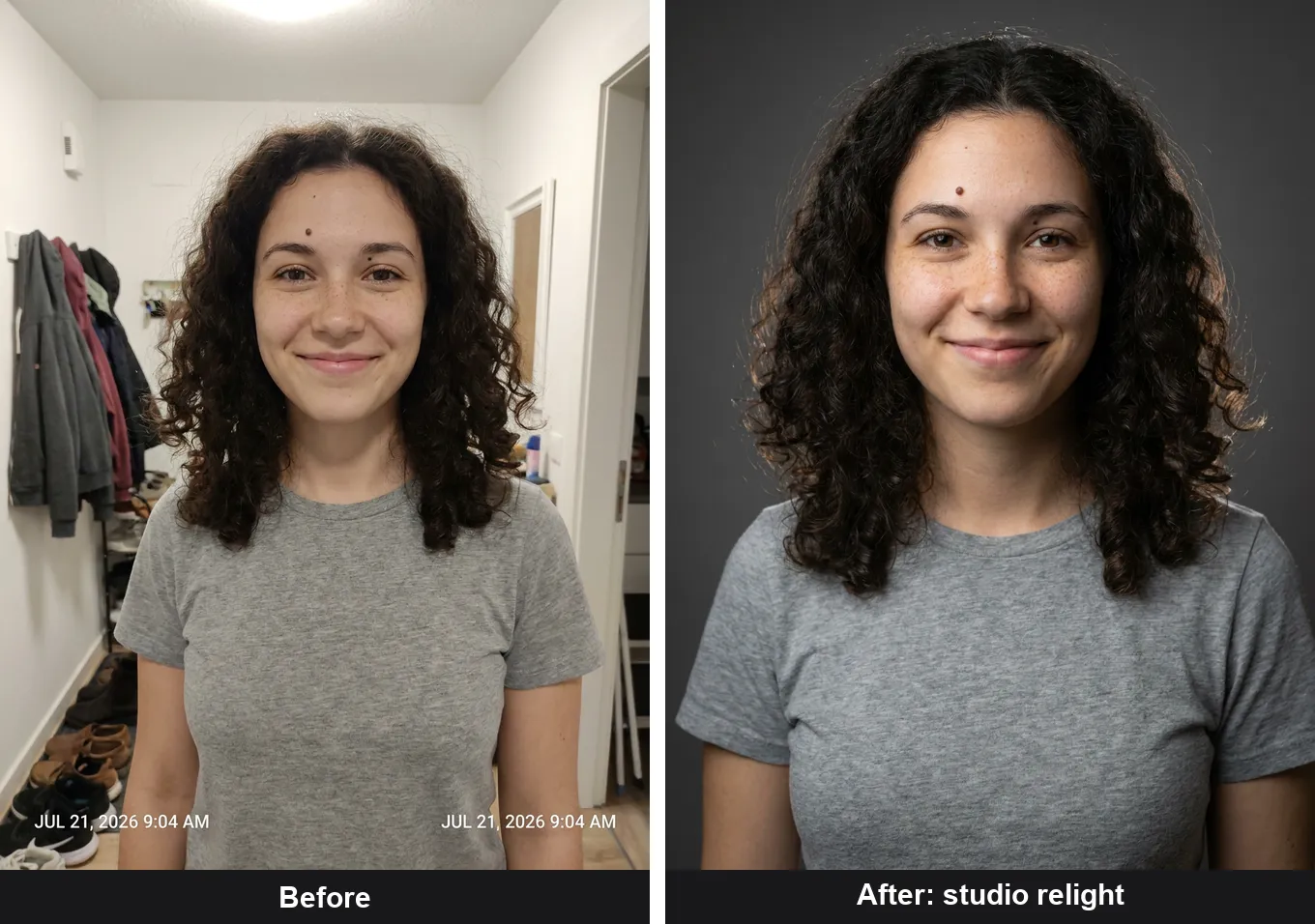Before and after: an amateur hallway snapshot on the left, a professional studio headshot of the same person on the right