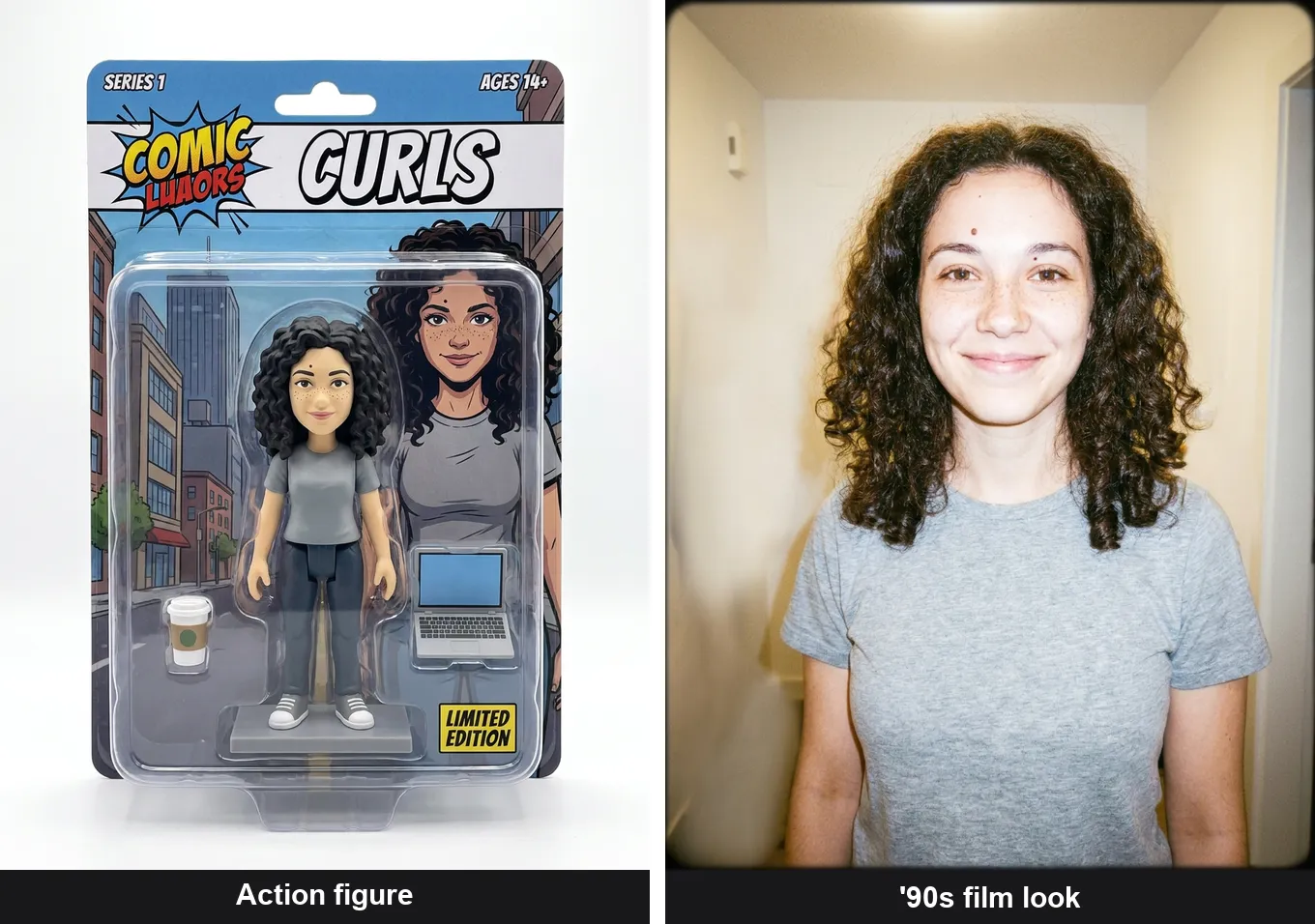 Two viral-style edits of the same person: on the left a collectible action figure in blister packaging, on the right a 1990s film-flash portrait