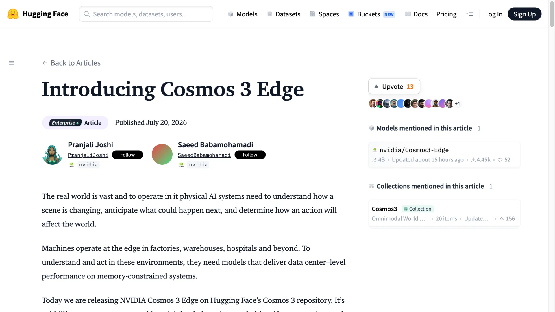 NVIDIA's official Cosmos 3 Edge launch page on Hugging Face