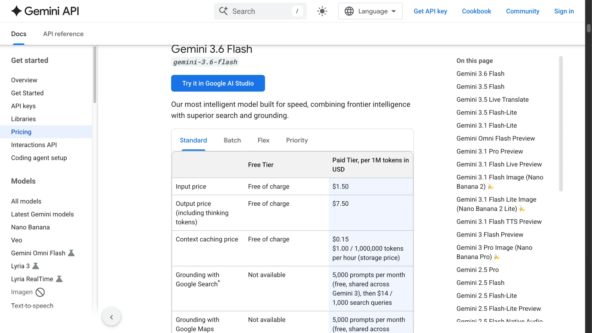 Official Gemini API pricing page showing Gemini 3.6 Flash at $1.50 input and $7.50 output per 1M tokens