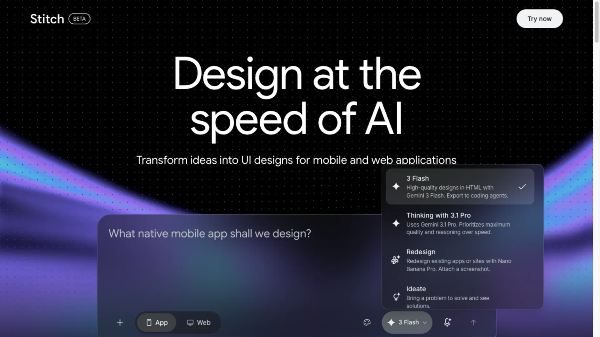 Google Stitch model picker: 3 Flash, Thinking with 3.1 Pro, Redesign, and Ideate