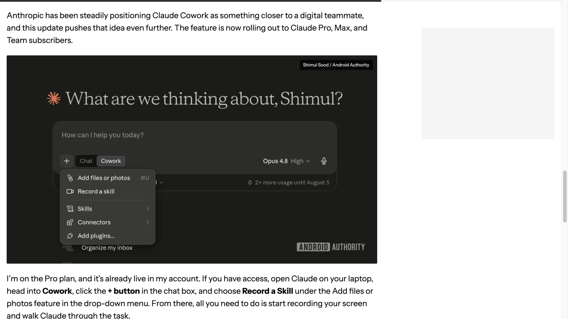 Claude Cowork menu showing the Record a skill option