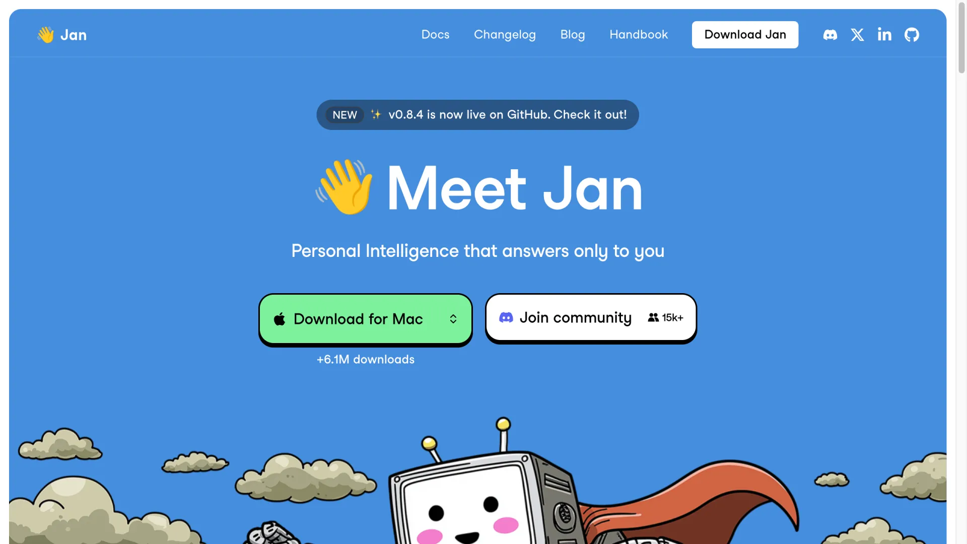 Jan homepage, an open-source ChatGPT replacement with 6.1M downloads