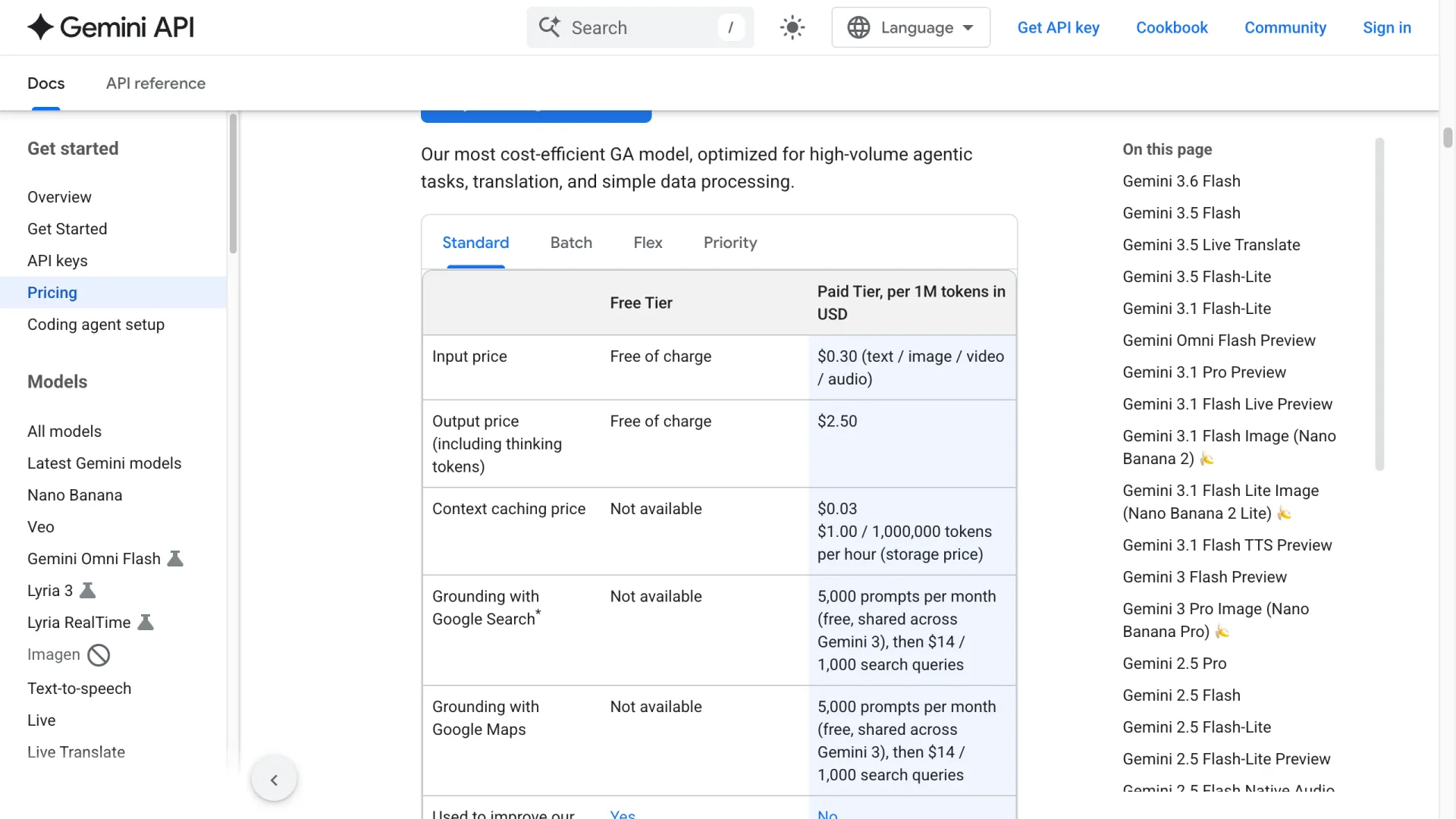 Official Gemini API pricing table for Gemini 3.5 Flash-Lite, July 2026