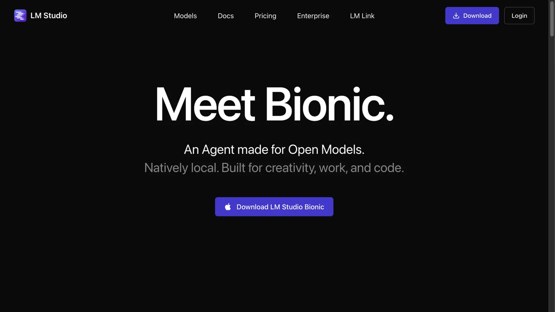 LM Studio homepage showing the Bionic agent for open models