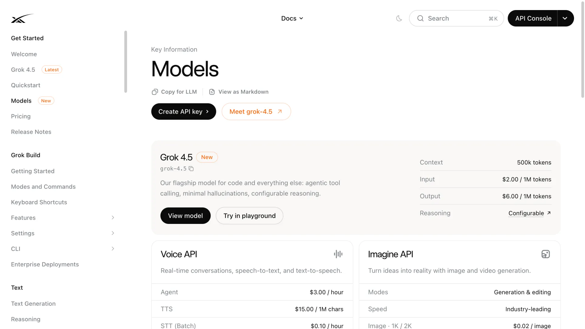 SpaceXAI developer documentation showing Grok 4.5 tagged as Latest with 500k context, $2.00 input and $6.00 output pricing