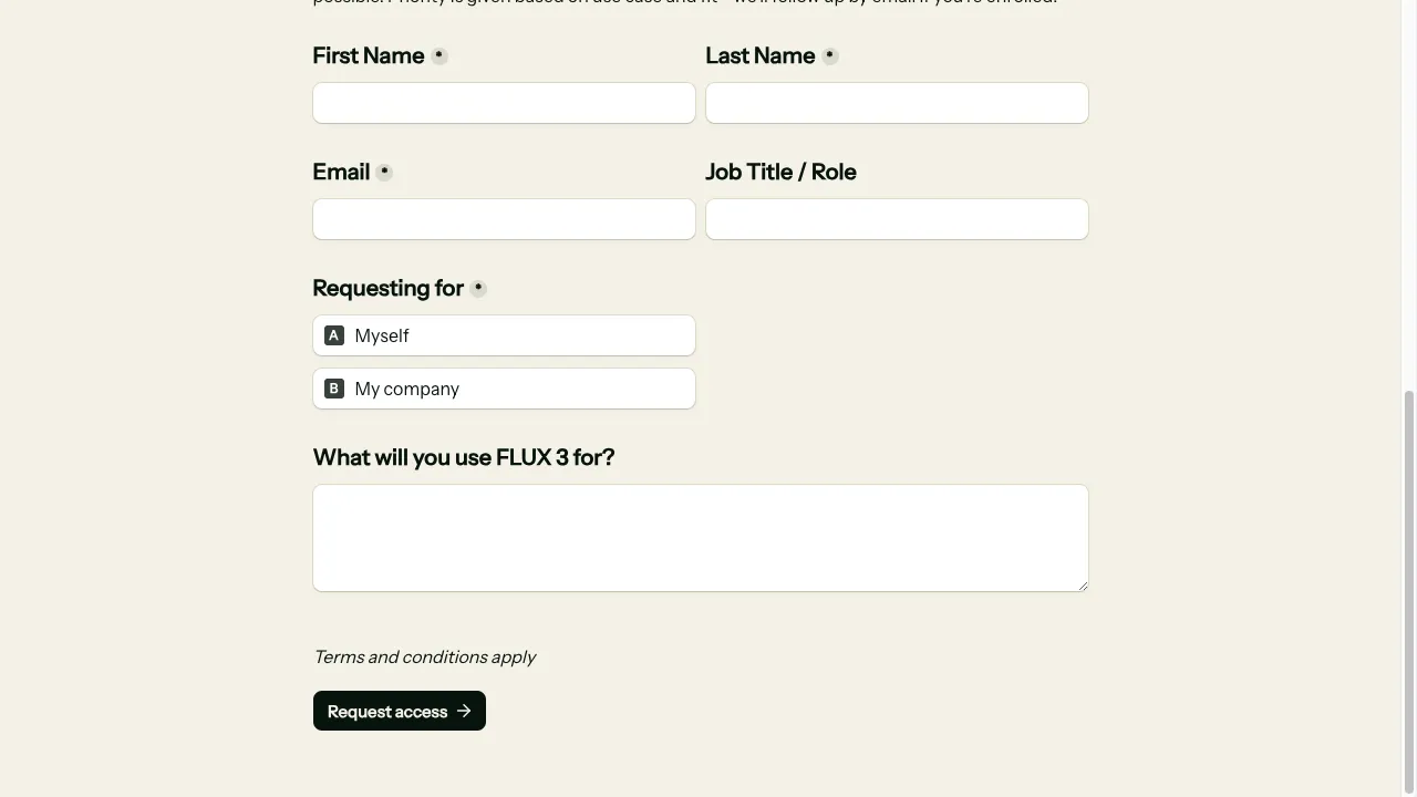 FLUX 3 Early Access Request form fields including name, email, role and use case