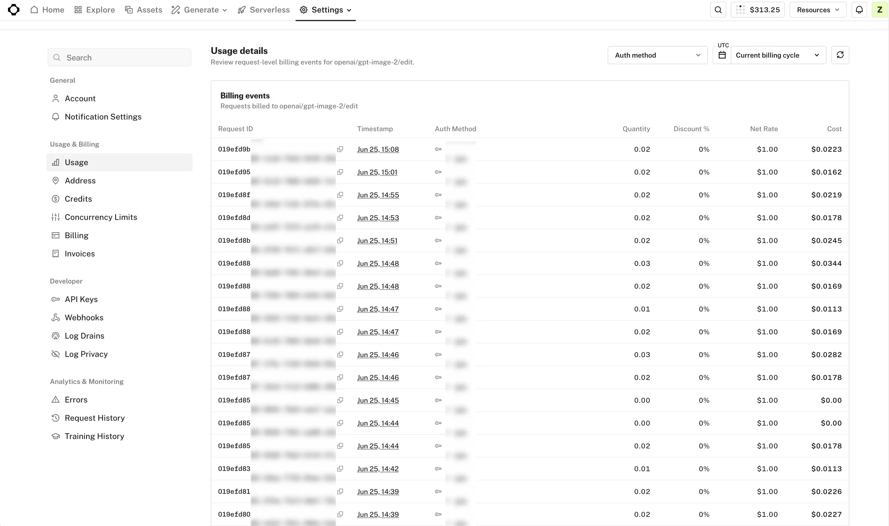 Fal.ai usage log showing per-request billing for GPT Image 2 — each call costs $0.01-$0.03, with failed requests at $0.00